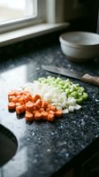 Fresh diced vegetables on dark cutting board in kitchen with natural window light for healthy cooking and meal preparation.