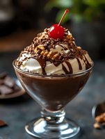 Decadent chocolate sundae topped with whipped cream, chocolate sauce drizzle, chopped nuts and maraschino cherry in glass dessert cup on dark background.