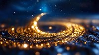 Magical golden glitter wave with sparkling bokeh lights on dark blue background, abstract macro photography with shallow depth of field and blur effect.