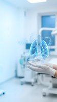Doctor hands holding holographic lungs in modern medical facility for respiratory health and pulmonary care concepts.