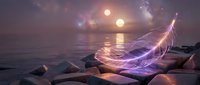 Mystical glowing feather floating above rocky coastline at sunset with ethereal light trails and cosmic sky. Fantasy digital art for spiritual content.