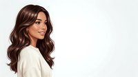 Young woman with long, voluminous wavy brunette hair and fair complexion, wearing a cream-colored top, positioned in profile against a white background. Suitable for beauty, haircare, and wellness marketing.