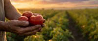 Farmer hands holding fresh ripe tomatoes at sunset in agricultural field. Organic farming and harvest concept for healthy food production and sustainable agriculture.