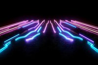 Glowing neon lines in pink and blue colors creating perspective on dark background with light reflection, abstract futuristic technology concept.