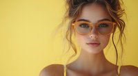 Young Caucasian woman wearing stylish gradient eyeglasses poses against vibrant yellow background, natural makeup and loose updo hairstyle create modern fashion portrait.