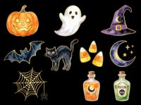 Spooky Halloween icons set featuring jack-o-lantern, ghost, witch hat, bat, black cat, candy corn, crescent moon, spider web, potion bottles isolated on transparent background. Ready for t-shirts, stickers, clipart, sublimation.