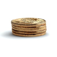 Stack of golden coins on white background, showing detailed texture and ridged edges of currency. Isolated macro shot for financial and wealth concepts.