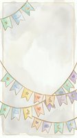 Watercolor bunting banner frame with pastel flags featuring stars, moons, clouds, and hearts on cream background, isolated on white for greeting cards, baby shower invitations, and nursery designs.