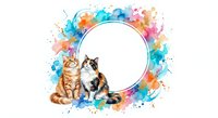 Adorable tabby and calico cats sitting together surrounded by vibrant watercolor paint splashes creating colorful circular frame on white background.