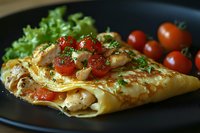 Golden crepe filled with tender chicken pieces and cherry tomatoes, garnished with fresh herbs and served on dark plate, close up food photography.