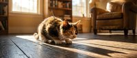Adorable calico kitten with orange, black and white fur sitting on wooden floor in cozy living room with warm sunlight streaming through windows.