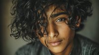 Young mixed-race woman with curly hair and natural makeup looking thoughtfully at camera in soft lighting for lifestyle and beauty concepts.