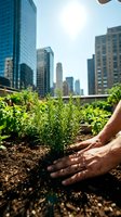 Urban rooftop garden with person planting fresh herbs in soil, modern city skyline and skyscrapers in background, sustainable agriculture and green living concept.