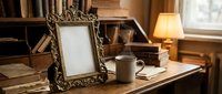 Ornate vintage picture frame on wooden desk with coffee cup and warm lamp light creating cozy home office atmosphere for interior design and decor projects.