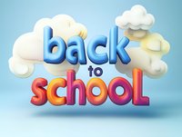 Colorful back to school text with fluffy white clouds on light blue background. Playful 3d letters in gradient colors create cheerful educational message.