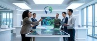 Business team collaborating on global sustainability project with holographic earth display in modern office conference room.