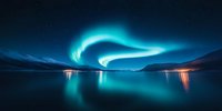 Spectacular aurora borealis dancing over calm fjord waters with mountain silhouettes and light reflections creating magical arctic night atmosphere in northern landscape.