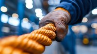 African American hands gripping thick orange rope in tug of war competition or teamwork exercise, dramatic lighting with bokeh background in indoor sports facility.