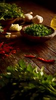 Fresh chopped herbs in wooden bowl with garlic, red chili peppers, and olive oil on rustic wooden table, ideal for cooking ingredient photography.