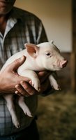 Farmer holding young white piglet in arms indoors, agricultural livestock care and animal husbandry concept for farming industry.
