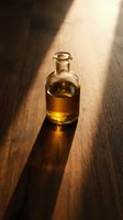 Glass bottle with golden amber liquid on wooden surface, illuminated by warm sunlight casting dramatic shadows for cosmetic, fragrance, or essential oil product packaging.