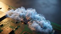 Overheated computer circuit board with smoke and vapor rising from electronic components and microchips showing technology failure or malfunction.
