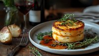 Grilled scallops stacked with herbs and sauce on rustic ceramic plate, accompanied by red wine and bread, moody restaurant lighting and atmosphere.