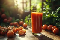 Fresh tomato juice in glass with ripe red tomatoes on wooden table in sunny kitchen garden setting for healthy organic nutrition and wellness lifestyle.