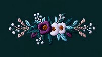 Delicate floral arrangement with white and purple blooms, berries and teal leaves on dark green background, decorative botanical composition for design projects.
