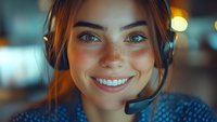 Young female customer service representative wearing headset smiles warmly at camera. Close-up portrait with soft bokeh background in evening lighting.
