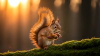 Red squirrel sitting on moss-covered log in golden sunlight eating nut in forest. Wildlife photography with warm bokeh background for nature content.