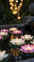 Floating lotus candles in water with warm bokeh lights creating peaceful spa atmosphere for meditation and relaxation ceremonies.