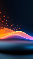 Abstract flowing waves with vibrant orange and purple gradients against dark background, illuminated by glowing particles creating dynamic motion effect.