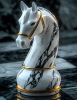 Marble chess knight piece with gold trim on dark background, featuring detailed horse head sculpture with realistic equine features and veined stone pattern.