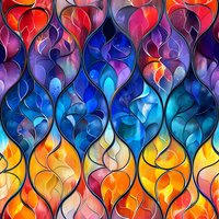 Vibrant stained glass pattern with flowing teardrop shapes in red, blue, purple and yellow colors creating an abstract mosaic design with curved lines and gradient effects.