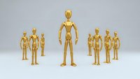 Golden mannequin figure standing prominently in center with smaller group figures on sides representing leadership and team management concepts.