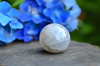 Polished moonstone sphere on rustic wooden surface with vibrant blue hydrangea flowers in soft focus background, creating mystical healing crystal composition.