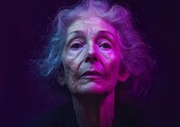 Senior Caucasian woman with curly gray hair illuminated by vibrant pink and blue lighting against dark background, expressing contemplative wisdom through dramatic portrait.