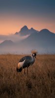 Crowned crane standing in golden grassland at sunset with misty mountains in background creating serene African wildlife scene for nature photography.
