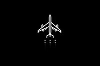 White airplane icon with dotted trail on black background for aviation and travel design projects.