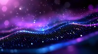 Abstract wave of glowing particles with purple and blue bokeh lights on dark background, flowing dynamic motion with sparkles and luminous dots.