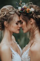 Two young Caucasian women in white lace wedding dresses with floral crowns touching foreheads in intimate romantic portrait for LGBTQ wedding celebration.