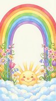 Watercolor rainbow with smiling sun and spring flowers on cream background. Cheerful design for children's room decor, greeting cards, nursery art.