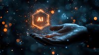 Glowing AI symbol floating above outstretched hand against dark background with orange and blue bokeh lights, representing artificial intelligence technology.
