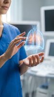 Female healthcare professional displaying holographic lung anatomy with glowing respiratory system in modern medical facility for pulmonology education.
