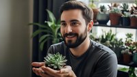 Young bearded man holding small succulent plant in hands, smiling at camera in greenhouse nursery with green plants background for gardening concepts.