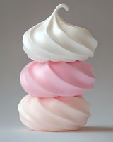 Soft serve ice cream swirls in white, pink and peach colors stacked vertically on neutral background for dessert and food design projects.
