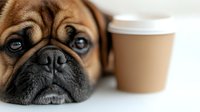 Adorable French bulldog resting beside takeaway coffee cup on white surface. Cozy morning scene with pet and beverage for lifestyle content.