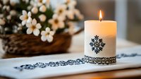 Glowing white decorative candle with ornate snowflake pattern alongside delicate spring blossoms creates serene atmosphere for spa, wellness, or meditation setting.