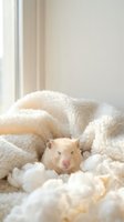 Adorable cream-colored hamster nestled in soft white fluffy blanket by window creating cozy peaceful atmosphere for pet care and comfort concepts.